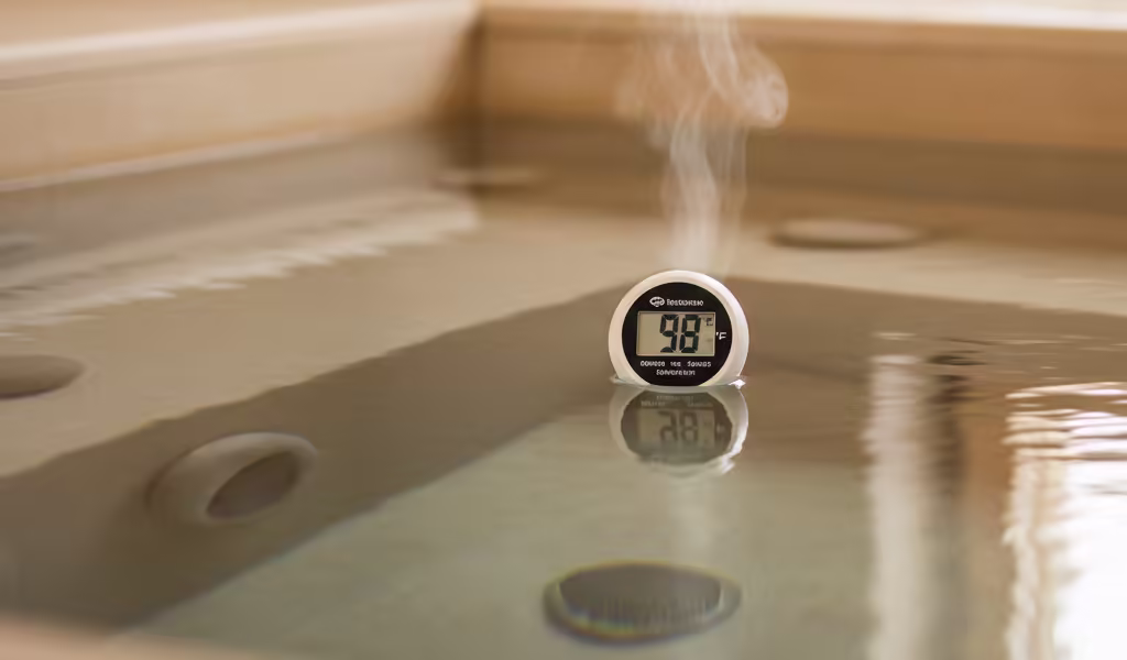 temperature-98-f Digital thermometer floating in hot tub water showing temperature, with light steam rising from the surface